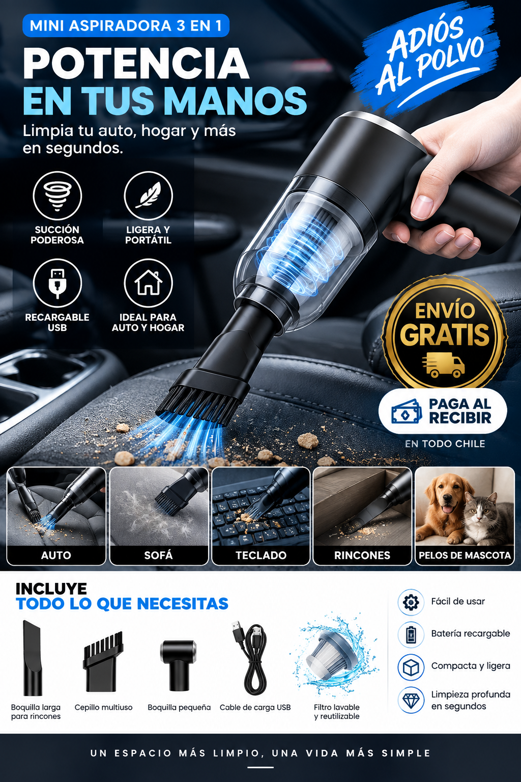 Mini Aspiradora Inalámbrica 3 en 1 para Auto y Hogar
